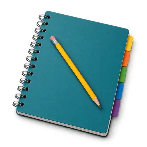 A closed teal ring-bound notebook with five coloured tab dividers sticking out of its edge and a yellow pencil lying across it, on a transparent background.