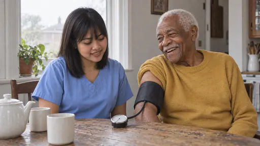 A young nurse in pale blue scrubs beside an elderly man in a mustard sweater at a pine kitchen table, a cuff on his bare upper arm and a plain gauge on the table, a white teapot and two mugs at the left and a plant on the sill behind.
