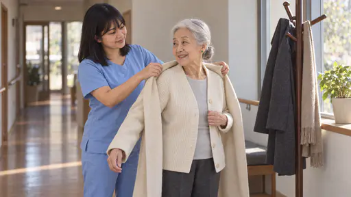 A petite woman with a full black fringe in pale blue scrubs holds a plain cream coat open by its shoulders from behind for a very small silver-haired older woman in a cream cardigan who turns her head with a grateful smile in a bright hallway with a coat rack and window.