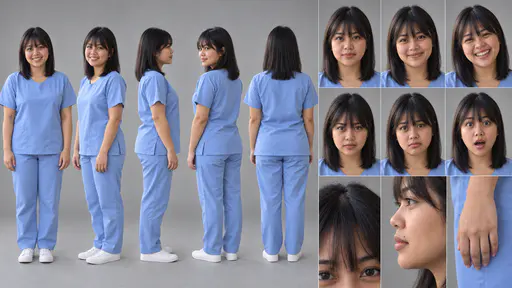 A 16:9 studio character sheet of a young woman with a black fringe in pale blue scrubs and white sneakers, shown in five full-body views, six expressions and three close details of hairline, profile and hand.