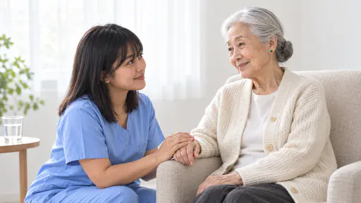 A young nurse with a black fringe and shoulder-length hair in pale blue scrubs kneels beside an armchair holding the hand of a small elderly woman with a silver-white bun in a cream cardigan, in a bright clinic room with a tall window and a side table with a glass of water.