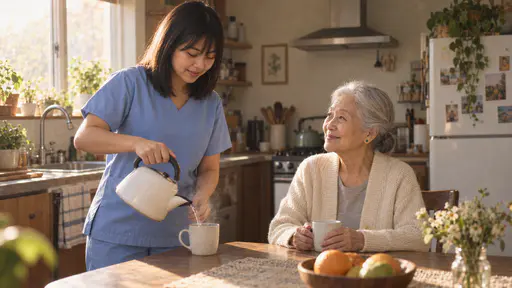 A petite woman with a full black fringe in pale blue scrubs pours hot water from a plain white kettle into a mug on a kitchen counter while a very small silver-haired older woman in a cream cardigan waits smiling at the table with a mug in front of her in warm morning light.