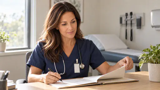 A woman with long wavy brown hair in navy scrubs and a stethoscope at a wooden desk turning a chart page, an examination bed and a small plant in a sunlit clinic.