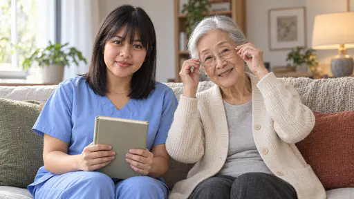 A petite woman with a full black fringe in pale blue scrubs sits on a sofa holding a plain closed book steady while a very small silver-haired older woman in a cream cardigan sets her reading glasses on her nose, both smiling in soft lamp light.