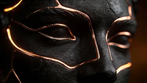 A matte obsidian face sculpted with precise glowing copper and bronze contour lines tracing natural geometry, set against a warm, low-key background for depth, framed in 16:9.
