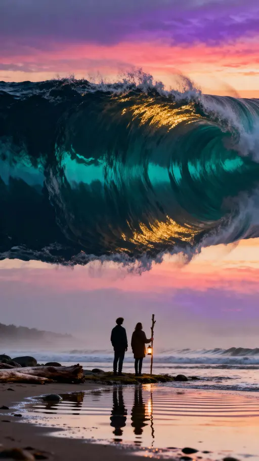 Two figures stand beneath an inverted ocean that hangs like a second sky, with waves suspended and glowing from sunset light in a tall 9:16 portrait crop framed tightly around them.