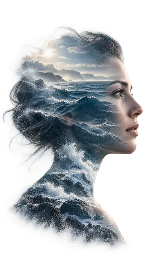 An invented adult's right-facing profile filled with rolling ocean swells and white sea foam, the horizon line crossing at the temple, blended as a high-key double-exposure photograph.