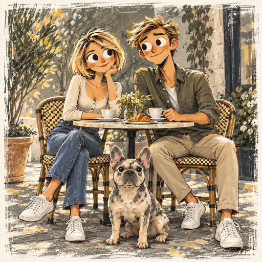 A textured, sketchy cafe group portrait with muted colors.
