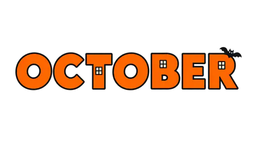 The word OCTOBER in chunky orange geometric capital letters with tiny cream window cutouts like a street of little houses and a small charcoal bat perched on the final R, isolated on a transparent background — october halloween lettering.