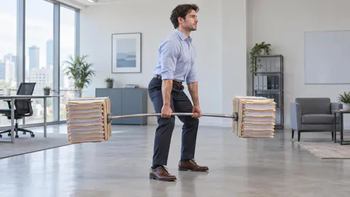 Heavy workload: full-body side-view editorial photograph of an office worker lifting a slightly bowed barbell whose heavy loads at both ends are tightly bound stacks of blank paper folders, not metal plates.