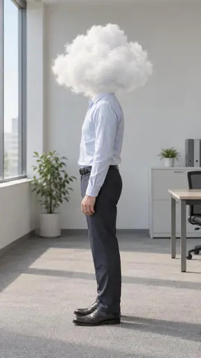 Head in the clouds: a full-body side-view conceptual portrait of an office worker standing in a plain office whose entire head is enclosed by a small fluffy white cloud wrapped tight around the neck, shoulders, shirt and feet visible below under soft window daylight.