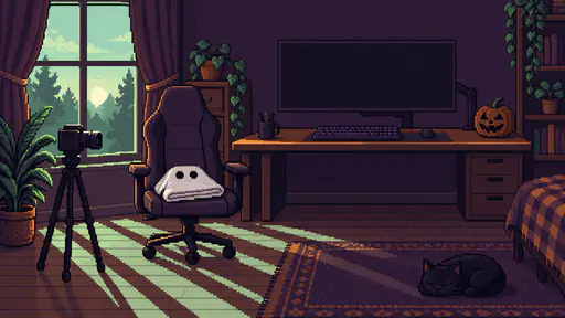 Chunky pixel-art view of a cozy Halloween streamer's room after sunrise: a wooden desk with a dark blank wall monitor and blank keyboard keycaps, a small unlit jack-o'-lantern, a tripod camera facing a chair where the ghost's folded white sheet rests, and pale mint dawn light through a curtained window. The upper wall is kept plain as copy space, all surfaces unlettered, in dark plum, warm amber and pale mint.