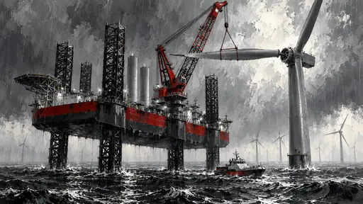 An offshore wind installation vessel with its legs lowered and a tall crane lifting a huge turbine blade toward a half-assembled tower, with finished turbines in the rain distance.