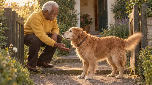 An old golden retriever with a grey-white muzzle lifts her face toward an elderly man with a white moustache who crouches slightly with one hand held out low at a low garden gate in warm evening light, a short path, a hedge and a porch step behind them.