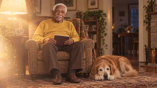 An old golden retriever with a grey-white muzzle lies curled on a rug with her chin on her paws beside the feet of an elderly man with a white moustache reading a plain book in a lamp-lit armchair, strong low lamp light laying a golden veil across the scene.