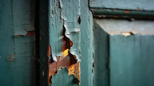 Close-up study of peeling paint on an old wooden door, photographed as a textured, cinematic 16:9 wallpaper-ready image with rich tactile detail and sheen.