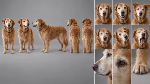 A 16:9 studio reference sheet of a nine-year-old golden retriever in a brown collar, shown in five full-body views, six head studies and three close details of muzzle, eye and paw.