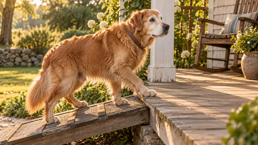 An old golden retriever with a grey-white muzzle and a brown collar climbs slowly up a low wooden ramp onto a porch with one front paw on the boards, a rocking chair and white post beside the ramp in warm late-afternoon sun.