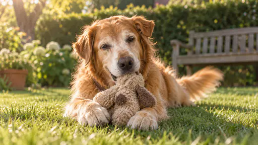 An old golden retriever with a grey-white muzzle and a brown collar lies on a sunlit lawn gently mouthing a worn plush toy between her paws, her tail slowly wagging, a garden bench and green hedge soft behind her.