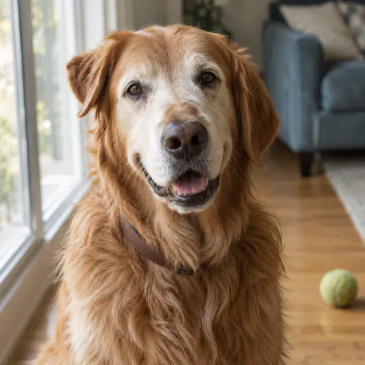 A nine-year-old golden retriever with a deep gold coat, grey-white muzzle and one folded ear, wearing a plain brown collar, sitting by a window with a blue sofa and a worn tennis ball behind.
