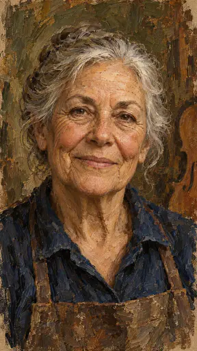 Impasto oil portrait of a fictional elderly luthier with silver hair and a weathered face, built from thick ochre and sienna brushstrokes against a roughly brushed olive ground.