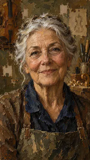 Full-bleed impasto oil portrait of a fictional elderly luthier, raw-canvas patches in the middle ground and brushwork finished at every border.