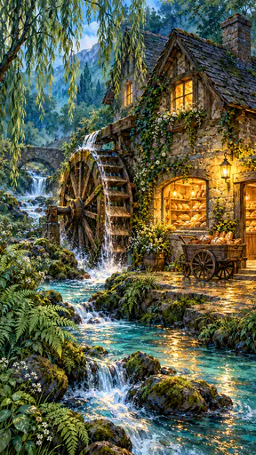 A stone watermill with a turning wooden wheel beside a stream has its ground floor turned into a bakery with a lit window, shelves of loaves and a lantern in a luminous cyan and green watercolor.