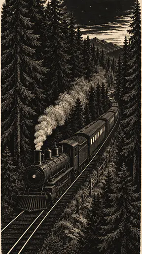 A train of old wooden carriages runs beside a dense pine forest at dusk while engine smoke drifts across the trees under a few stars in white line engraving.