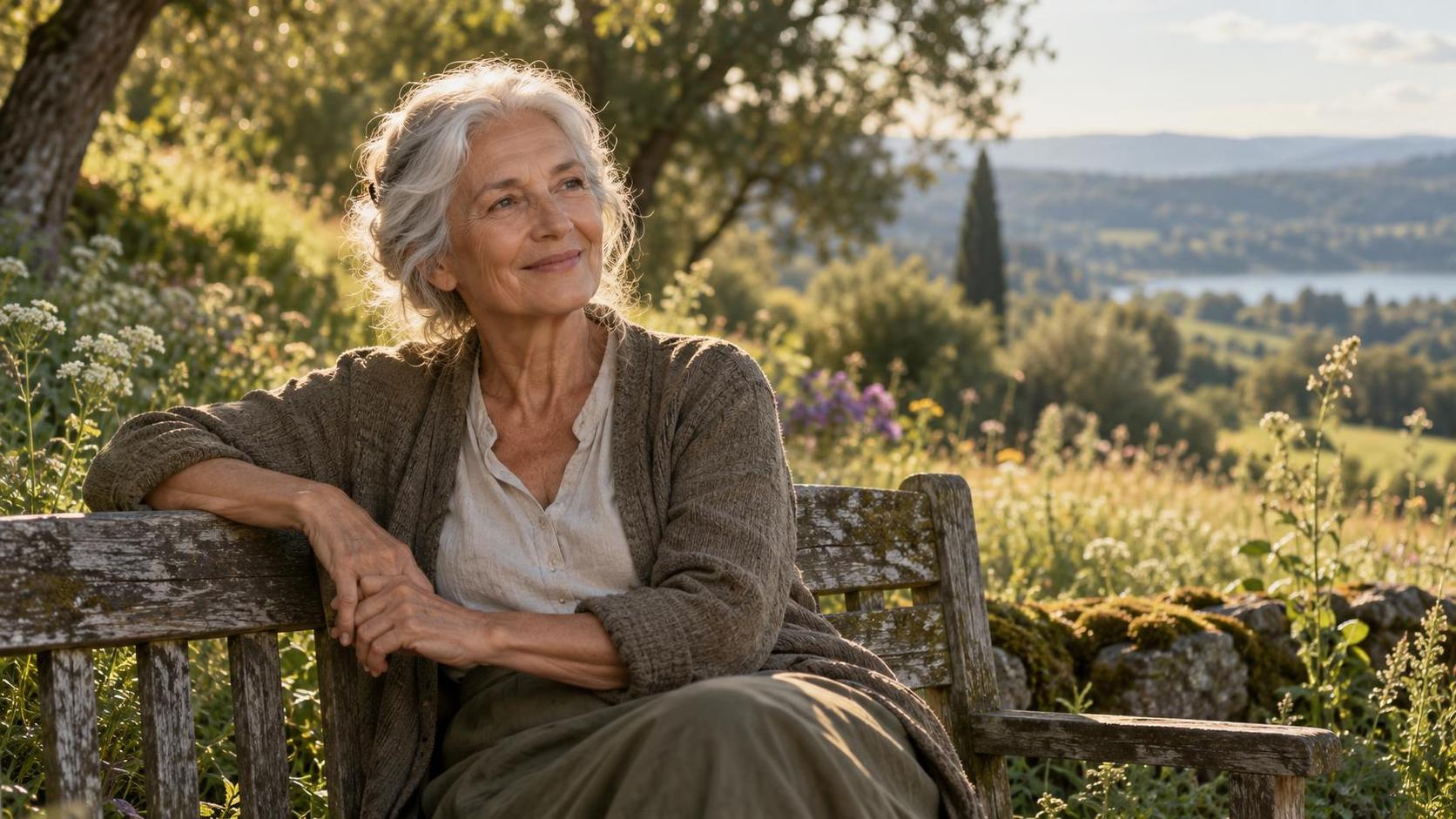 An older adult with silver hair and a calm serene smile sits on a wooden bench in a sunlit meadow garden with trees and wildflowers softly behind in soft daylight.