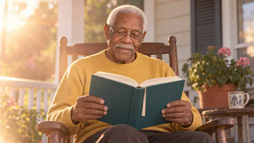 An elderly man with close-cropped white hair, a white moustache and plain reading glasses reads a thick teal cloth-bound book held open on his lap in a rocking chair, strong low sun laying a golden veil across the scene.