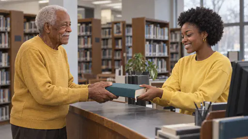 An elderly man with a white moustache in a mustard sweater hands a closed thick teal cloth-bound book back with both hands to a smiling young woman with a short afro in a yellow sweatshirt across a library desk, shelves of books blurred behind them.