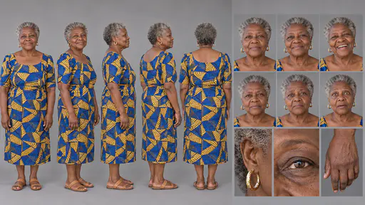 A 16:9 studio character sheet of an older woman with silver-grey curls and gold hoops in a cobalt-blue and mustard-yellow wax-print dress and tan sandals, shown in five full-body views, six expressions and three close details.