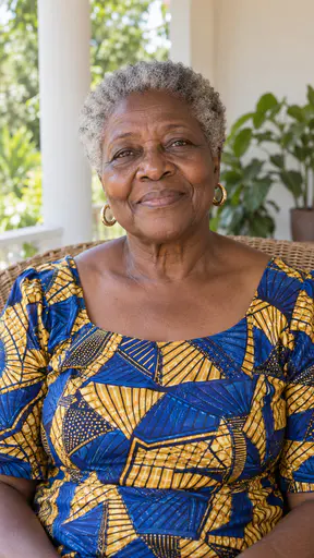 An older woman in her late sixties with deep brown skin, short silver-grey natural curls and gold hoop earrings sits on a cane chair on a sunlit veranda, in a cobalt-blue and mustard-yellow geometric wax-print dress, with green leaves and a whitewashed post behind.