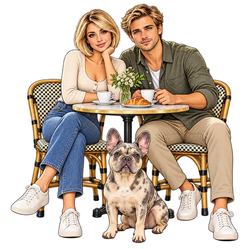 Illustration of a blonde woman with a short bob in a cream top and blue jeans and a man in an olive shirt and khaki trousers seated at a round café table with coffee cups, a croissant and flowers, a merle French bulldog with upright ears sitting in front, drawn with clean dark outlines on a transparent background.