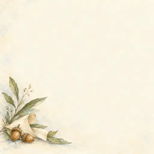 A small cluster of olive leaves, a curl of cream paper and two tiny hazel acorns sits in the lower left corner of a pale even cream watercolor field with fine ink veins and soft washes.