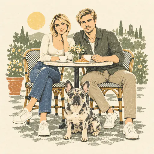 Textured olive-and-grey print-style drawing of a couple at a cafe table with their French bulldog, sun and greenery behind