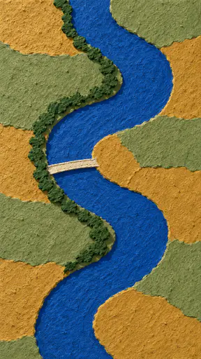 A river seen from above in blue paper pulp winding through green and ochre pulp fields, one cream pulp bridge at the middle bend, a dark green tree line on the left bank.