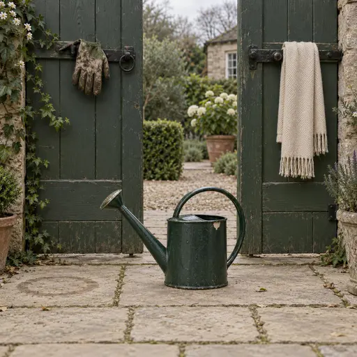 A green watering can sits between two gates standing apart with a glove on one latch, a cream scarf on the other and a dry ring on the paving.