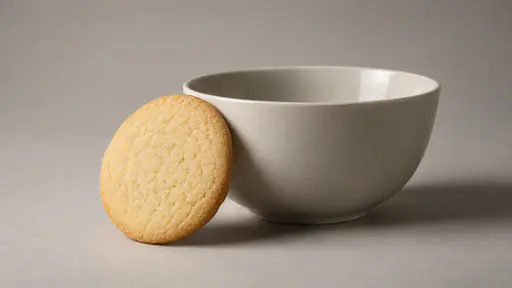 One plain uniced sugar cookie leans supported at an angle against the side of a plain empty bowl in soft side light.