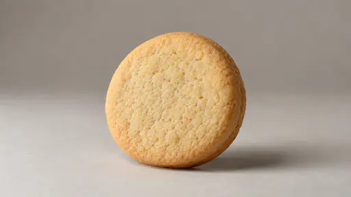 One single round uniced sugar cookie rests on a plain surface in soft even light, turned slightly to show its baked golden edge and thickness.
