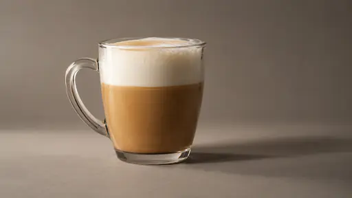 One plain cup of latte on a plain surface shows a clear boundary between pale milk foam above and darker coffee below in soft even light.