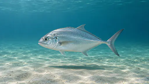 One plain silver fish swims alone low over open pale sand in clear blue-green water with its soft shadow on the sand below it.