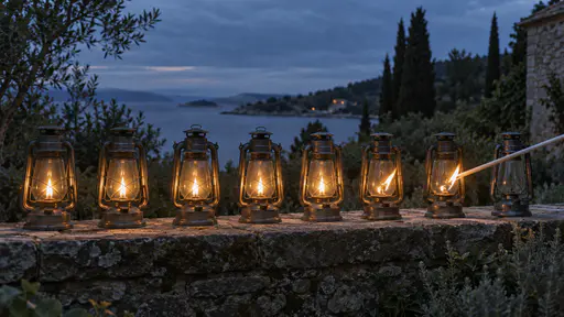 A row of eight plain glass lanterns stands along a low garden wall at blue dusk with the first six lit, the seventh just catching a flame from a long taper and the last still dark with its wick waiting.