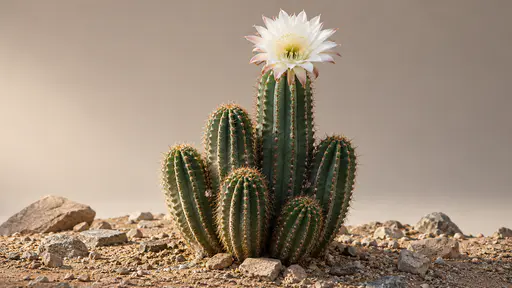 A mature ribbed cactus carries one single open flower at the top of one stem above dry stony ground in bright morning light.