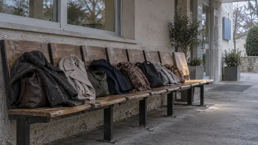 A long wooden bench outside a clinic holds a row of smooth seats with folded coats and bags on the first seven and one single free seat at the far end with a shaft of light falling on it in soft overcast light.
