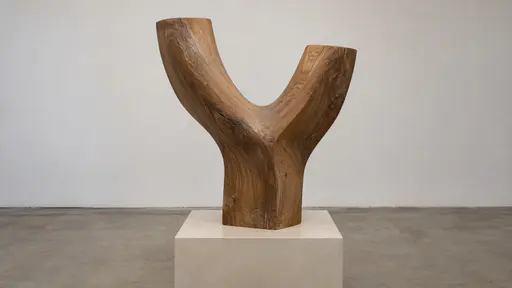 A forked abstract wooden sculpture rests on a pale plinth against a plain wall, the wood grain running unbroken through both arms of the fork.