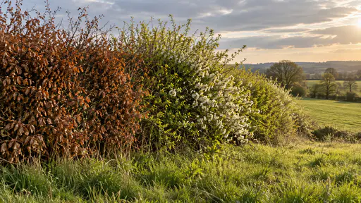 A hedgerow corner meets a meadow with its left half russet and brown with dry autumn leaves and its right half bright spring-green with fresh leaves and white blackthorn blossom in even overcast light.