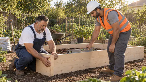 A stocky grey-bearded man in dark blue overalls kneels holding two pine boards square at a corner while a broad young man in a white hard hat and orange vest checks the top board with a plain metal spirit level on a community garden plot in broad afternoon light.