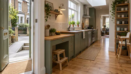 A family kitchen has a long counter with a low wheelchair-height section beside the standard-height section, a step stool, a high chair against the wall and a shelf of mismatched mugs in bright morning light.