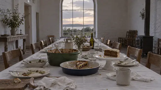 A nearly cleared long trestle table holds scraped dishes, a nearly empty green stew pot with a ladle, a blue enamel dish with one remaining slice of lattice pie and a last piece of cake in soft low evening light.